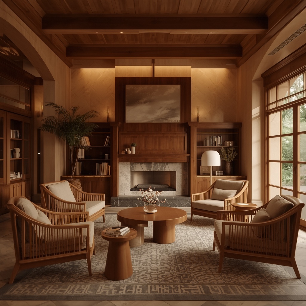 Comfortable lounge area with warm wooden furniture and ambient lighting